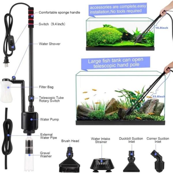Electric aquarium gravel cleaner kit with telescopic pole and multiple brush heads