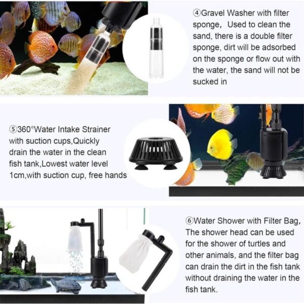 Three aquarium cleaning tools including gravel washer, water intake strainer with suction cups, and water shower with filter bag