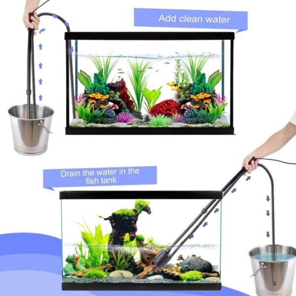 Using siphon tube to add and drain water from aquarium with metal bucket