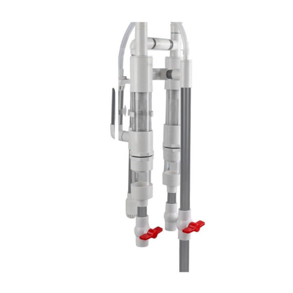 White aquarium protein skimmer device with red valves on white background
