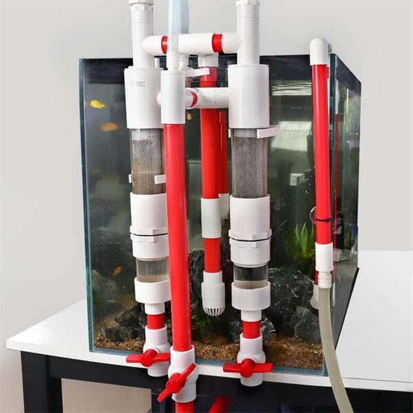 Aquarium with red and white sump filtration system attached