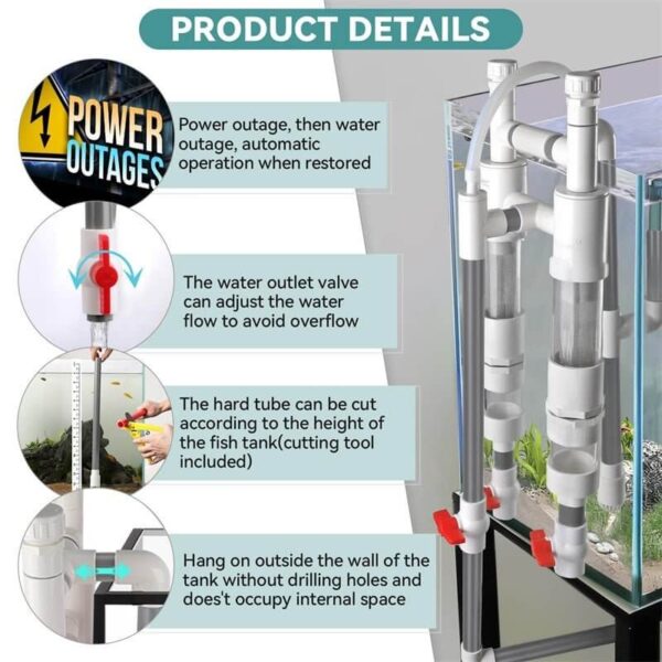 Aquarium overflow drain system with adjustable valves and tubes for water flow control