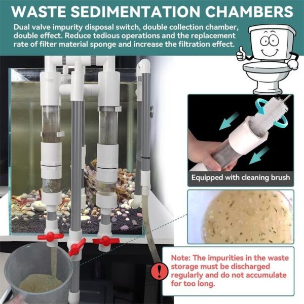 Aquarium waste sedimentation chambers with cleaning brush and discharge warning