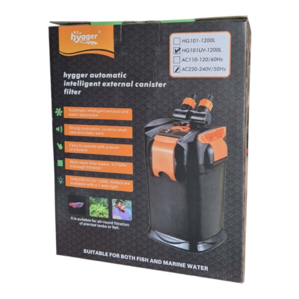 Hygger automatic intelligent external canister filter box with features listed
