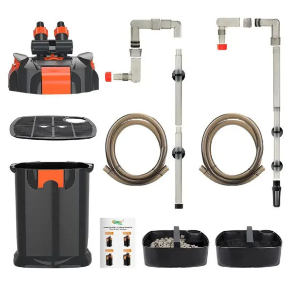 Components of an external aquarium filter including tubes, connectors, casing, and filter media