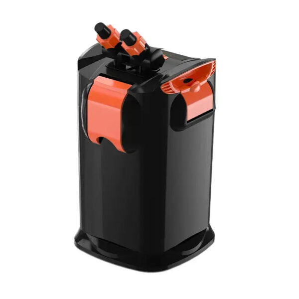 Black and orange aquarium canister filter with valves and connectors