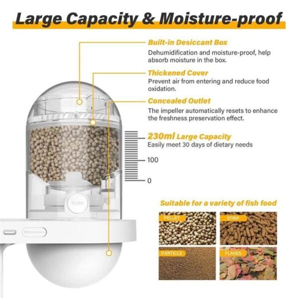 Fish feeder with moisture-proof design and 230ml capacity for various fish foods