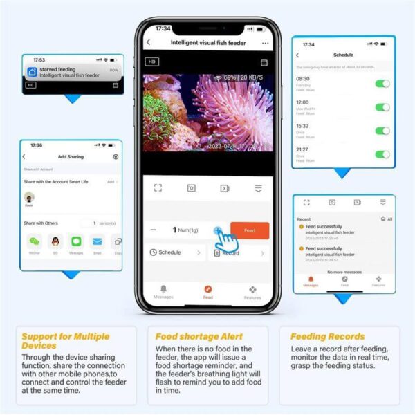 Mobile app interface showing smart fish feeder controls, schedule, alerts, and sharing options