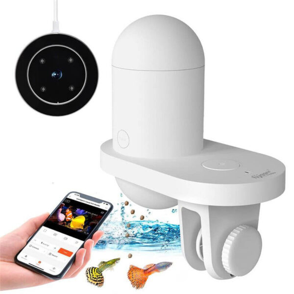 White smart automatic fish feeder with camera and mobile app control