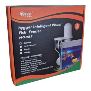 Box of Hygger Intelligent Visual Fish Feeder HG082 with fish tank image