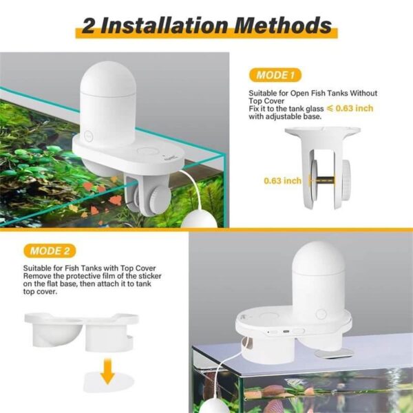 Two methods to install a fish tank device on open tanks and tanks with lids