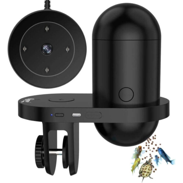 Black automatic fish feeder with integrated camera and fish food dispensing