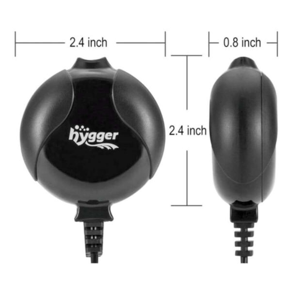 Black round Hygger temperature sensor with dimensions 2.4 by 2.4 by 0.8 inches