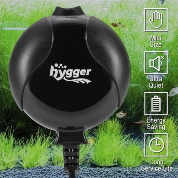 Black Hygger aquarium air pump with mini size, ultra quiet, energy saving, and long service life features
