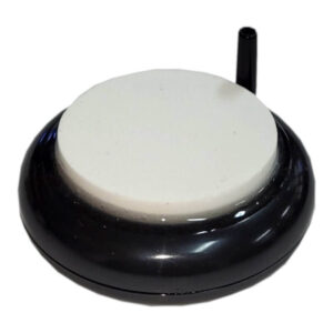 Small round black and white wireless device with antenna