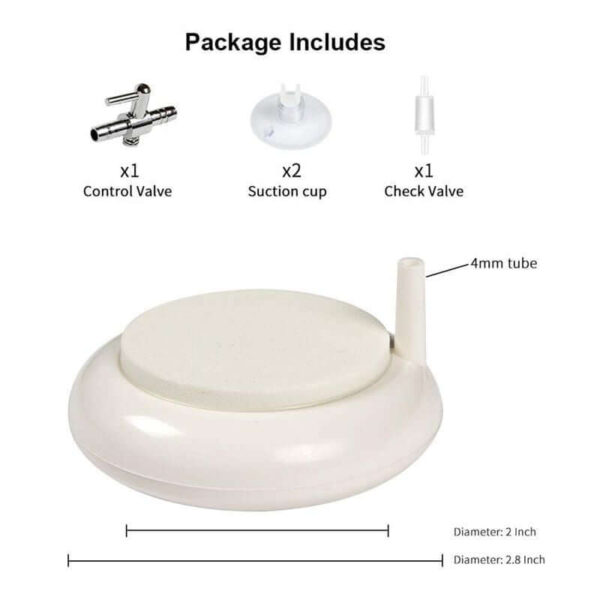 Aquarium air stone with control valve, suction cups, and check valve