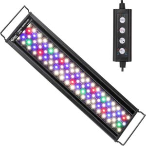 Rectangular hydroponic LED grow light panel with colorful red, green, blue, and white LEDs and a digital control timer