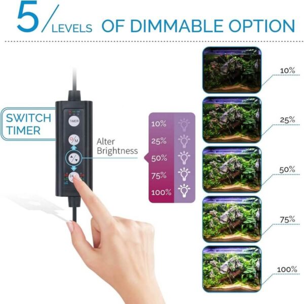 Hand adjusting aquarium light dimmer with 5 brightness levels from 10% to 100%