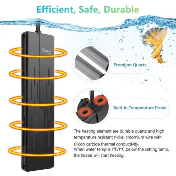 Black aquarium heater with premium quartz and built-in temperature probe