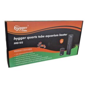 Box packaging of Hygger quartz tube aquarium heater HG102 with product features listed