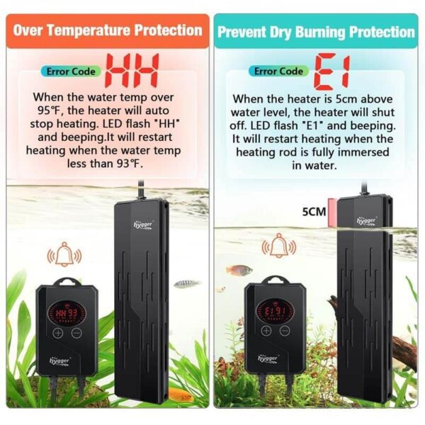 Aquarium heater error codes HH for over temperature and E1 for dry burning prevention