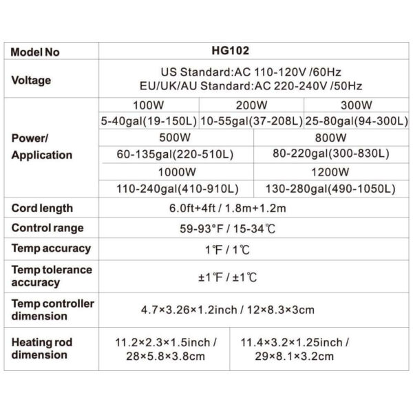 Specification table for HG102 aquarium heater with voltage, power, temperature range, and dimensions
