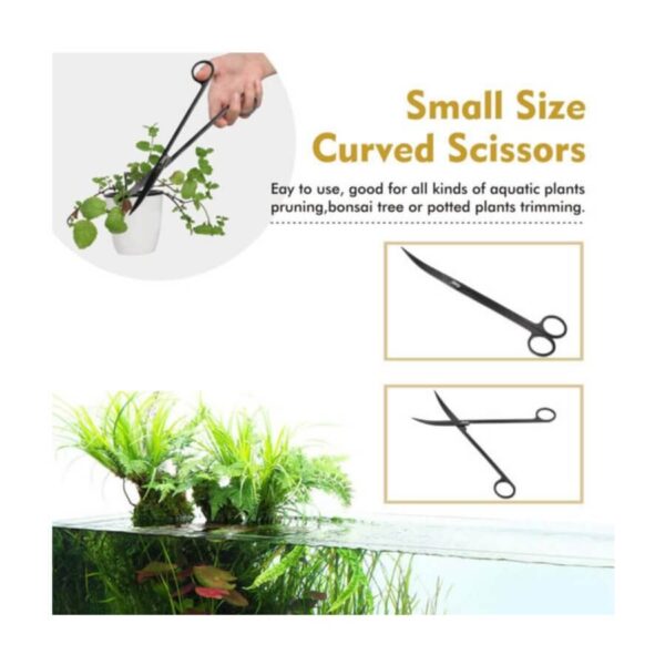 Hand using small curved scissors to trim potted plants and aquatic plants