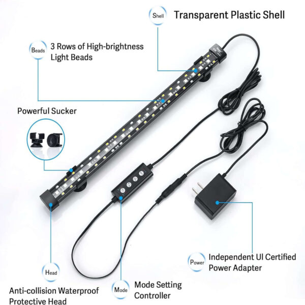 LED light bar with transparent shell, high-brightness beads, waterproof head, mode controller, power adapter, and powerful sucker