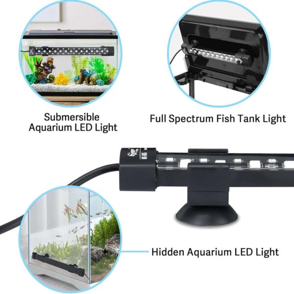 Aquarium LED light bar showing submersible, full spectrum, and hidden mounting features