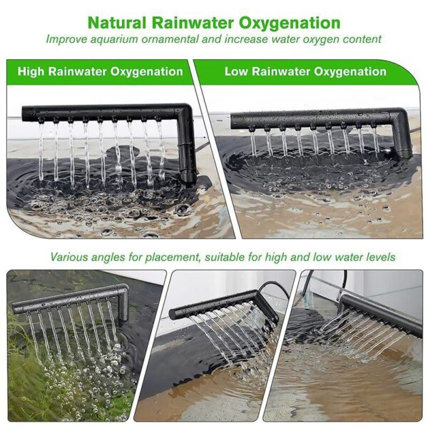Rainwater oxygenation device showing high and low oxygenation with water streams